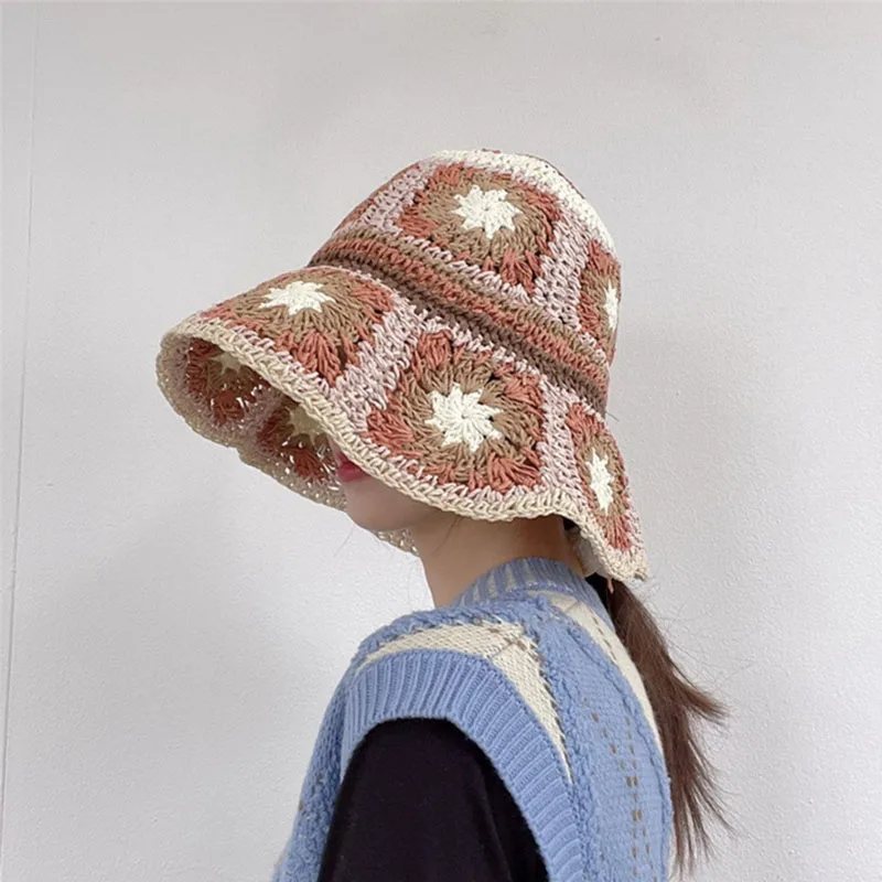 Handmade Panama Crochet Sun Flower Straw Beach Fascinator Cap Visor Bucket Hats