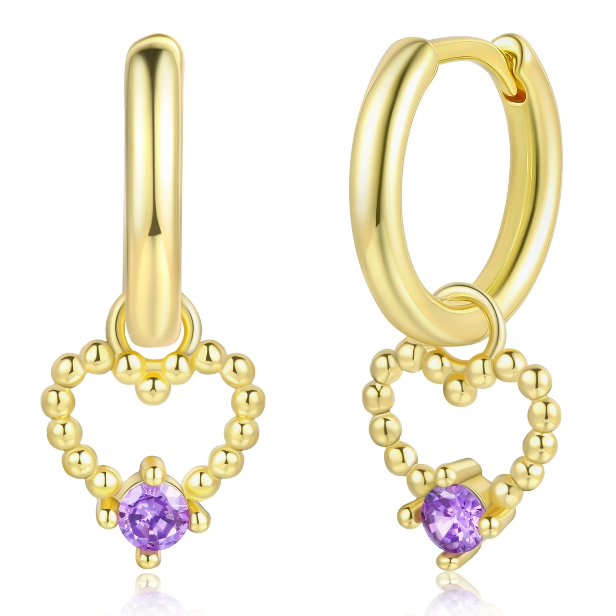 Customized Fashion Classic Amethyst Zircon Heart Shape Pendant Charm 14K Gold Plated Beaded CZ Jewelry Earrings Hoop For Women