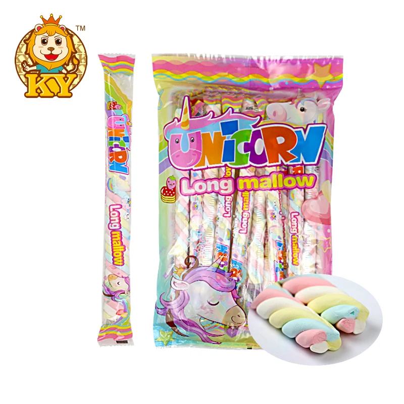 Wholesale custom colorful rainbow long strip colorful kink marshmallow candy