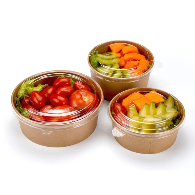 Biodegradable Paper Salad Bowl Take Away Paper Food Container Eco Friendly Kraft Paper Bowl With Lid Disposable Bowl Kraft