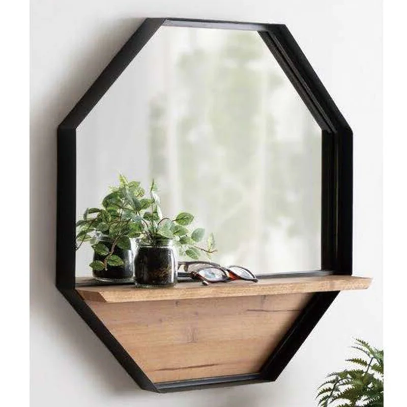 Wholesale Nordic Home Decor Wood Frame Hexagon Round Hotel Bedroom Bathroom Mirror Wall Mirror with Shelf