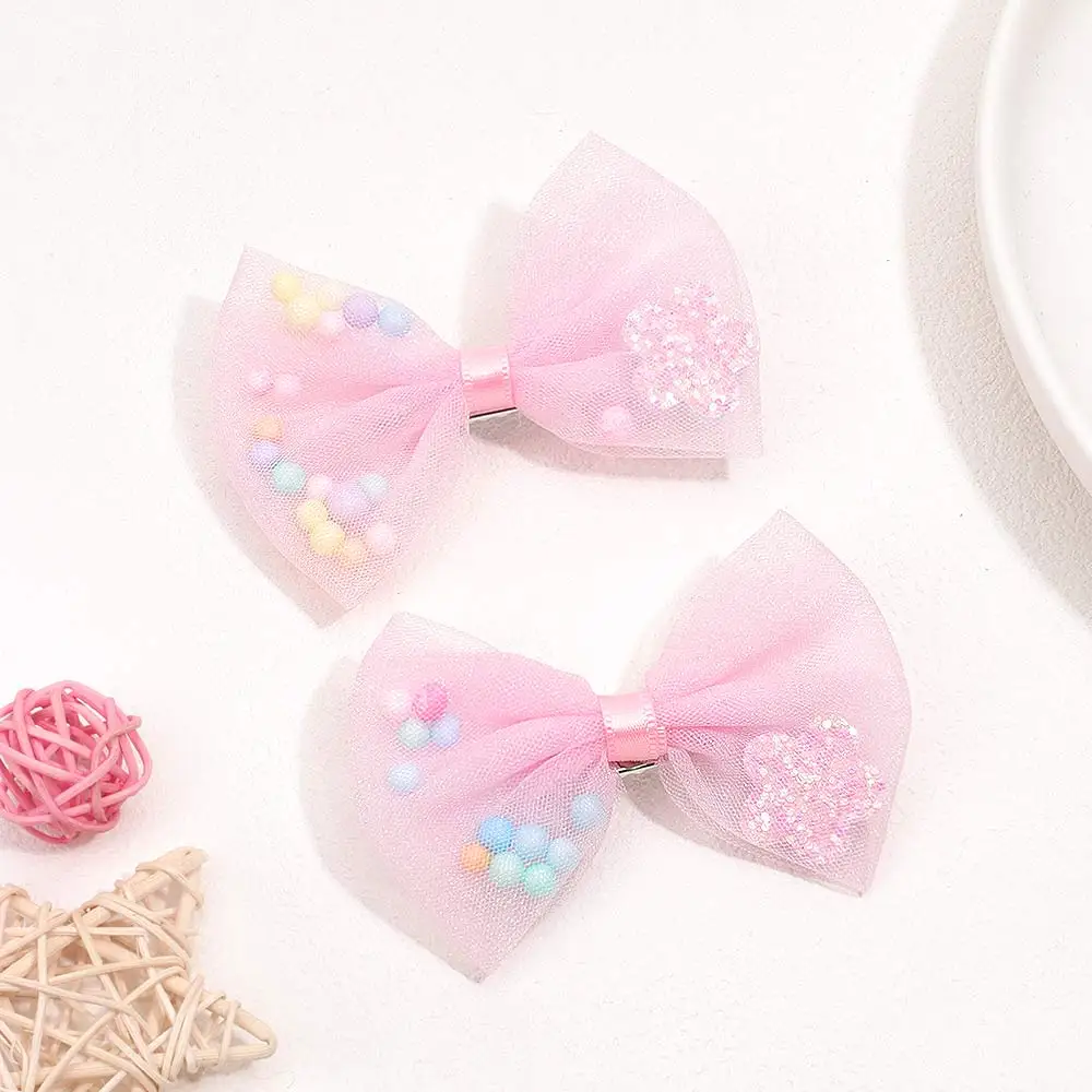 CN 2Pcs 3Inch Pink Mesh Hair Bow  Boutique with Mini Pastel Bead Glitter Flower Hair Clip Girls