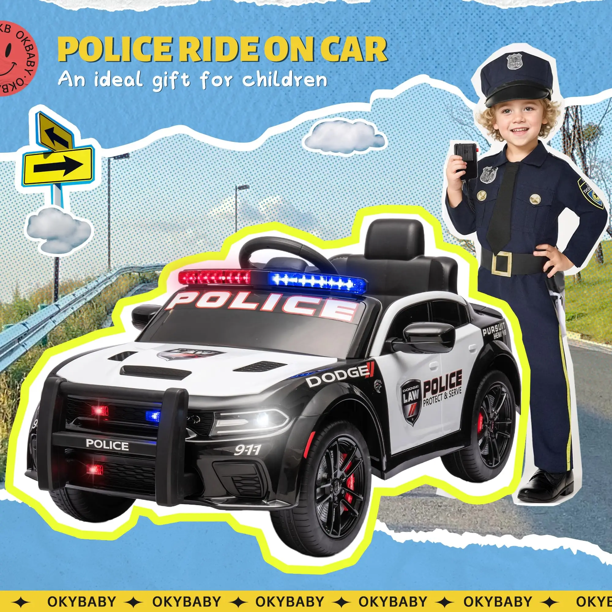 Licensed DODGE kids police car children 12v electric remote control baby electric police ride on cars for kids to drive