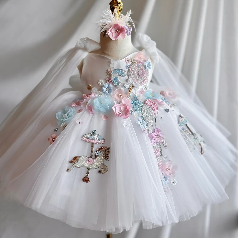 Wholesale Kids Clothing Stunning V-Back Luxury Pageant Tulle Ball Gown Sleeveless 3D Flowers Appliques Flower Girl Wedding Dress