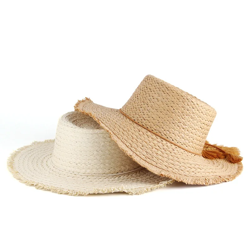Custom Fashion  Natural Wheat Blank Sun Hats Caps With Tassel Sombreros Panama Straw Hats Summer Women Flat Top Beach Hat