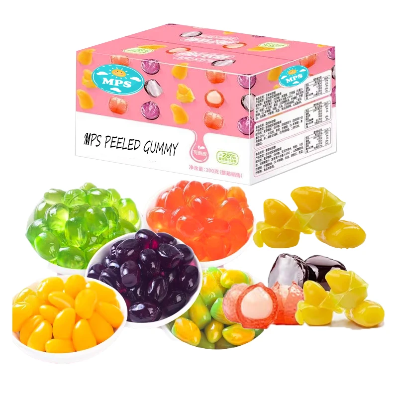 Factory OEM peeled fudge Lychee grape 8 kinds of fruit candy 68% fruit juice content healthy nutrition snacks gummy