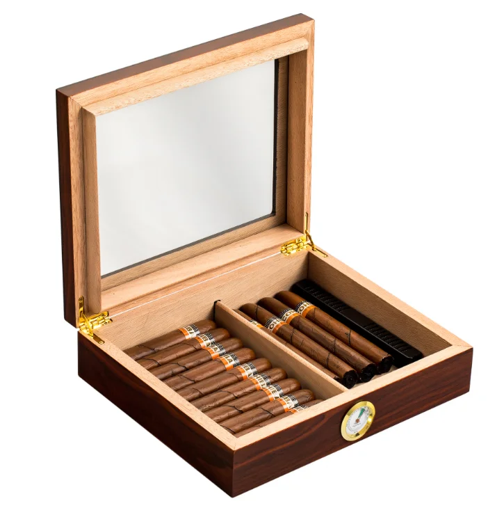 Customized Size Manufacturer Luxury Rustic Humidors Natural Wood Craft Cigar Display Packaging Box With Hygrometer