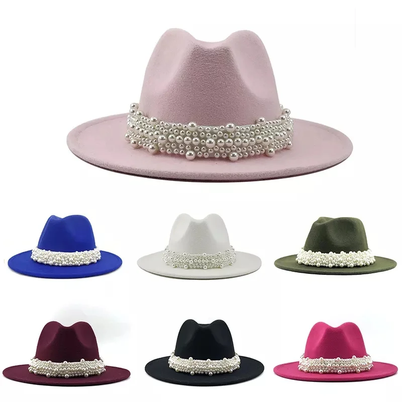 Fashion Pearl Decoration Faux Wool Felt Fedora Hat Solid Color Top Jazz Hats Women Dressing Large Brim Panama Caps
