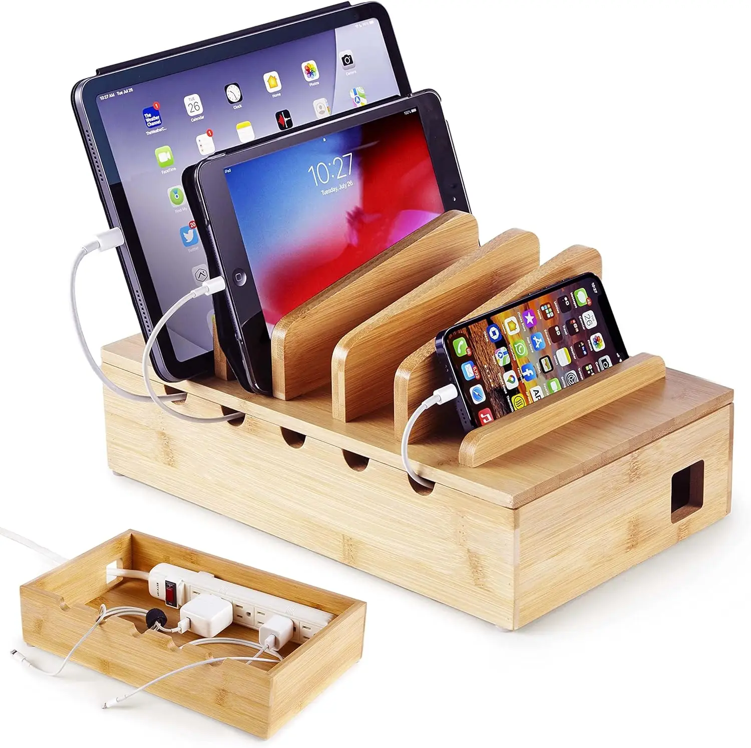 Bamboo Wood Charging Station For Multi Device Wood Device Organizer Desk Docking Stand for Cell Phone Charger Apple Android iPad