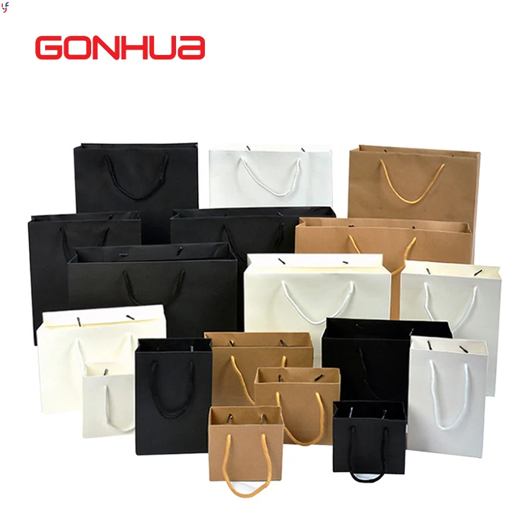 GONHUA supplier custom brand logo paper packaging big shopping bag recycled white black brown kraft paper bag with handle