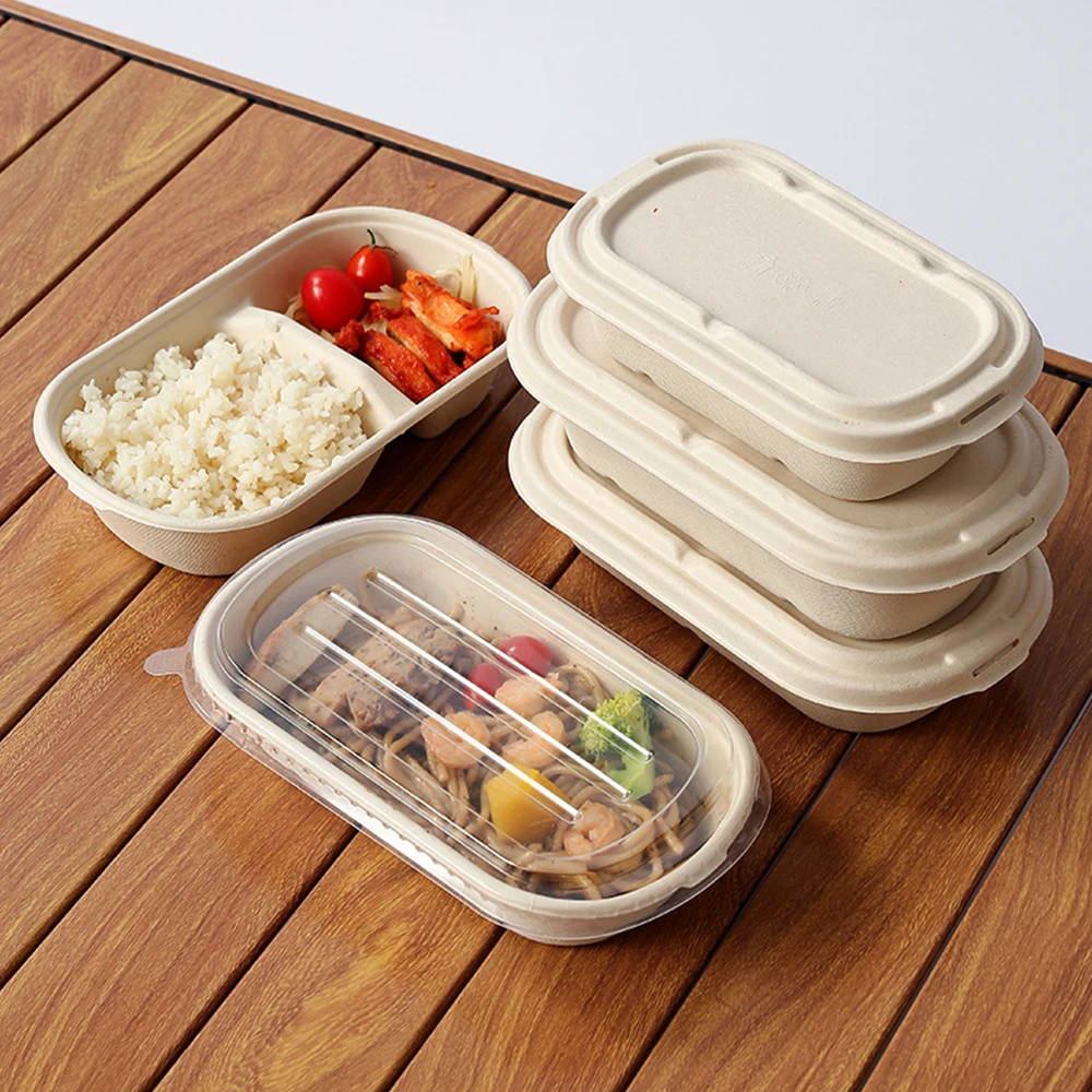 Hot Selling Disposable 750ml Rectangle Biodegradable Food Container Sugarcane Bagasse 2 Compartment Box with