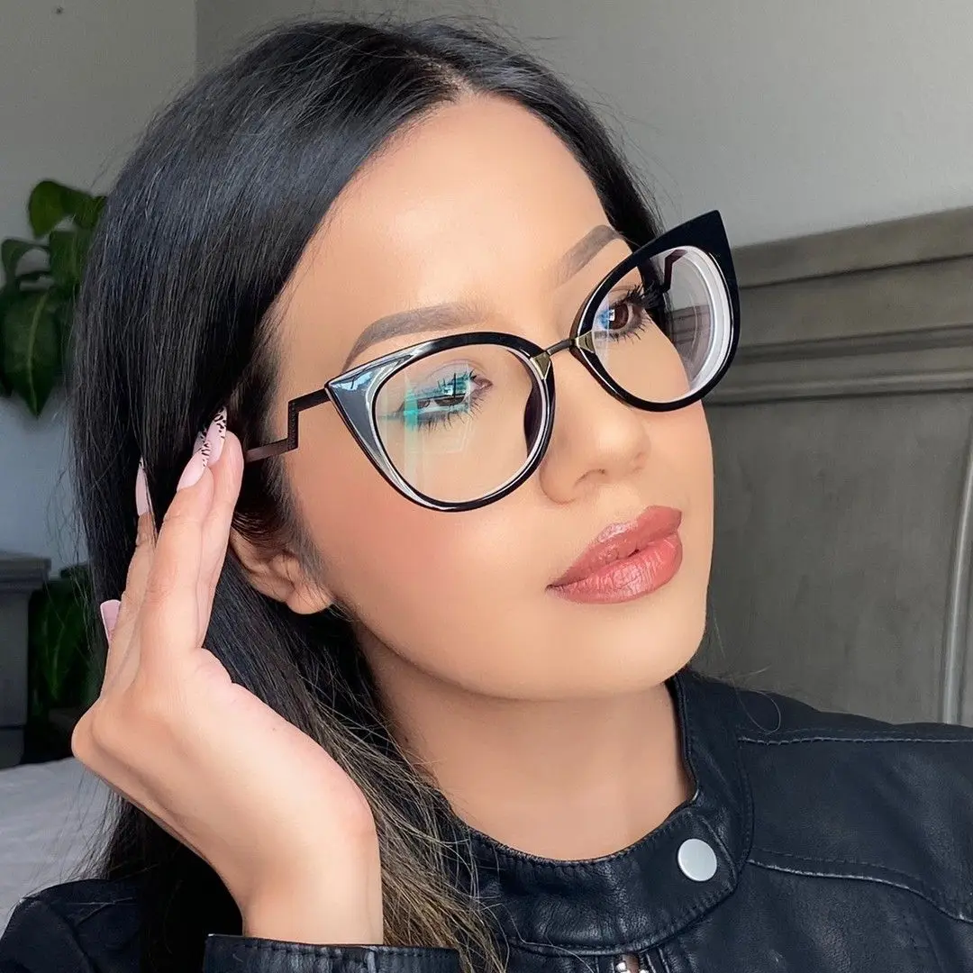 97398Stylish large frame personality anti-blue Light glasses TR90 true film dazzling plain glass frame cat eye optical eyewear
