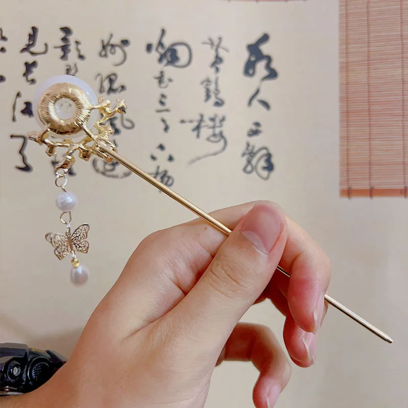 AA018720  chinese white jade peace button tassel hairpin antique plate hairpin hair accessories hair accessories wholesale