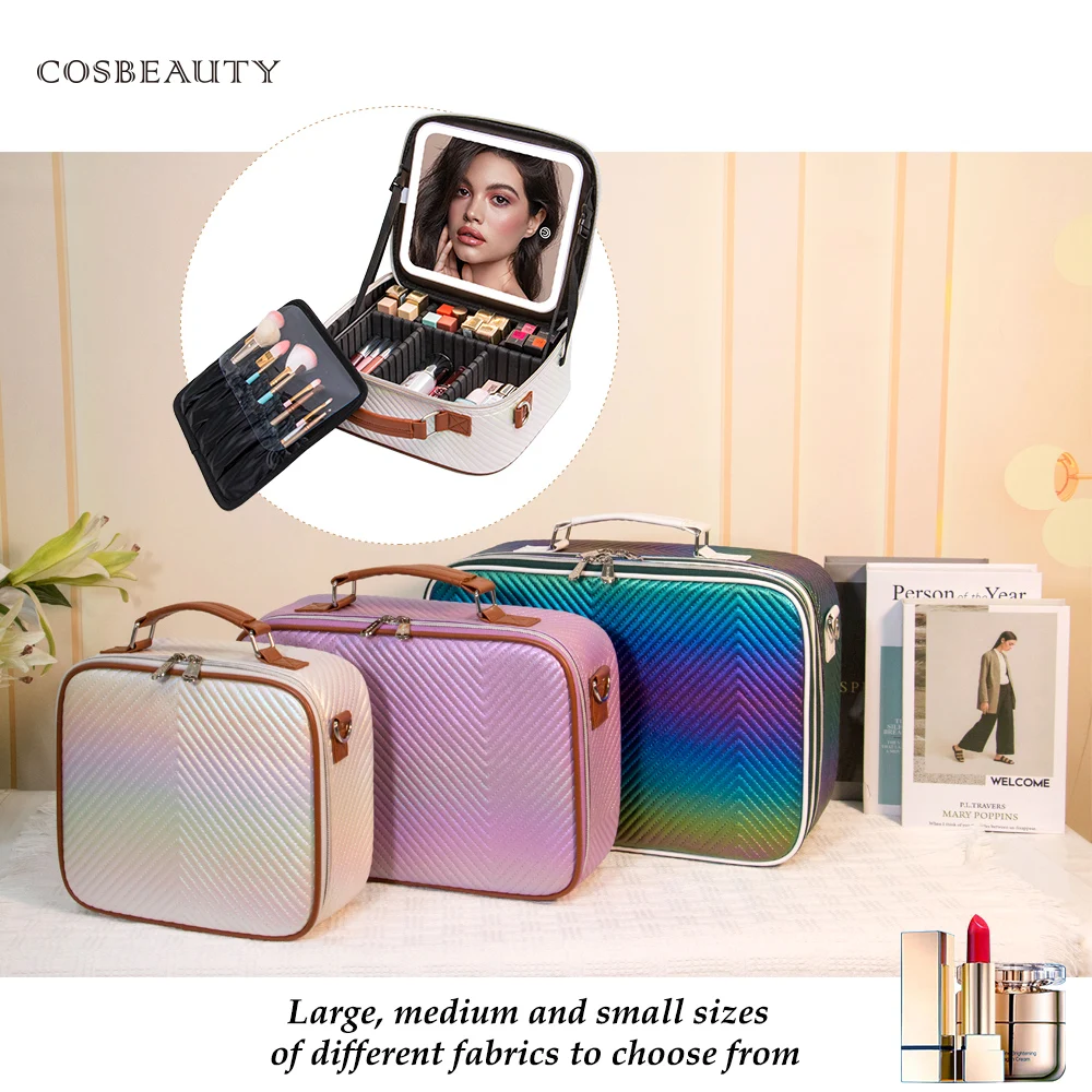 KONCAI Make Up Accessories Custom Vanity Box Organizer Beauty Makeup Case Leather Travel Cosmetic Bag with Led Mirror Light