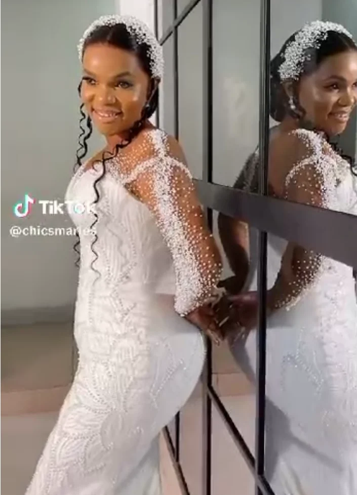 2024 Wedding Dress Mermaid Sheer Neck Long Sleeves Pearl Beaded Rehinestones Bridal Gowns For African Arabic Nigeria Black Women