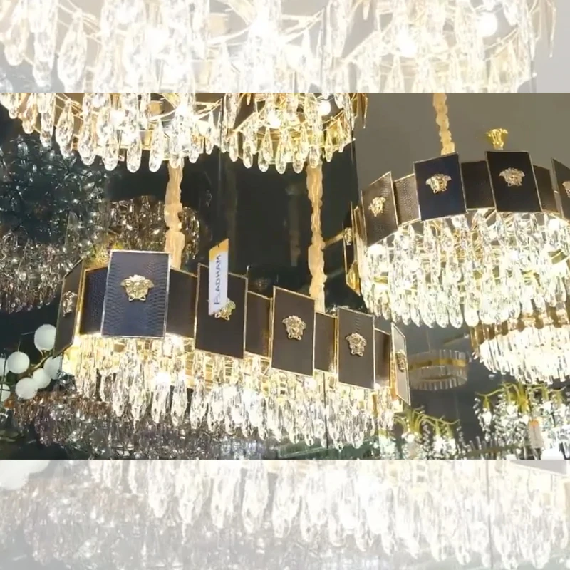 Luxury pendant light 2022 greek medusa style crocodile leather artistic black and gold round crystal chandelier