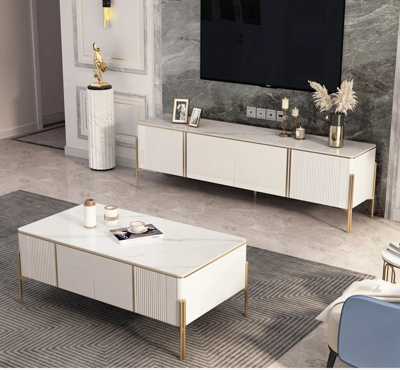 ATUNUS Luxury Living room furniture centre marble coffee table modern gold stainless steel frame tv stand buffet cabinet set