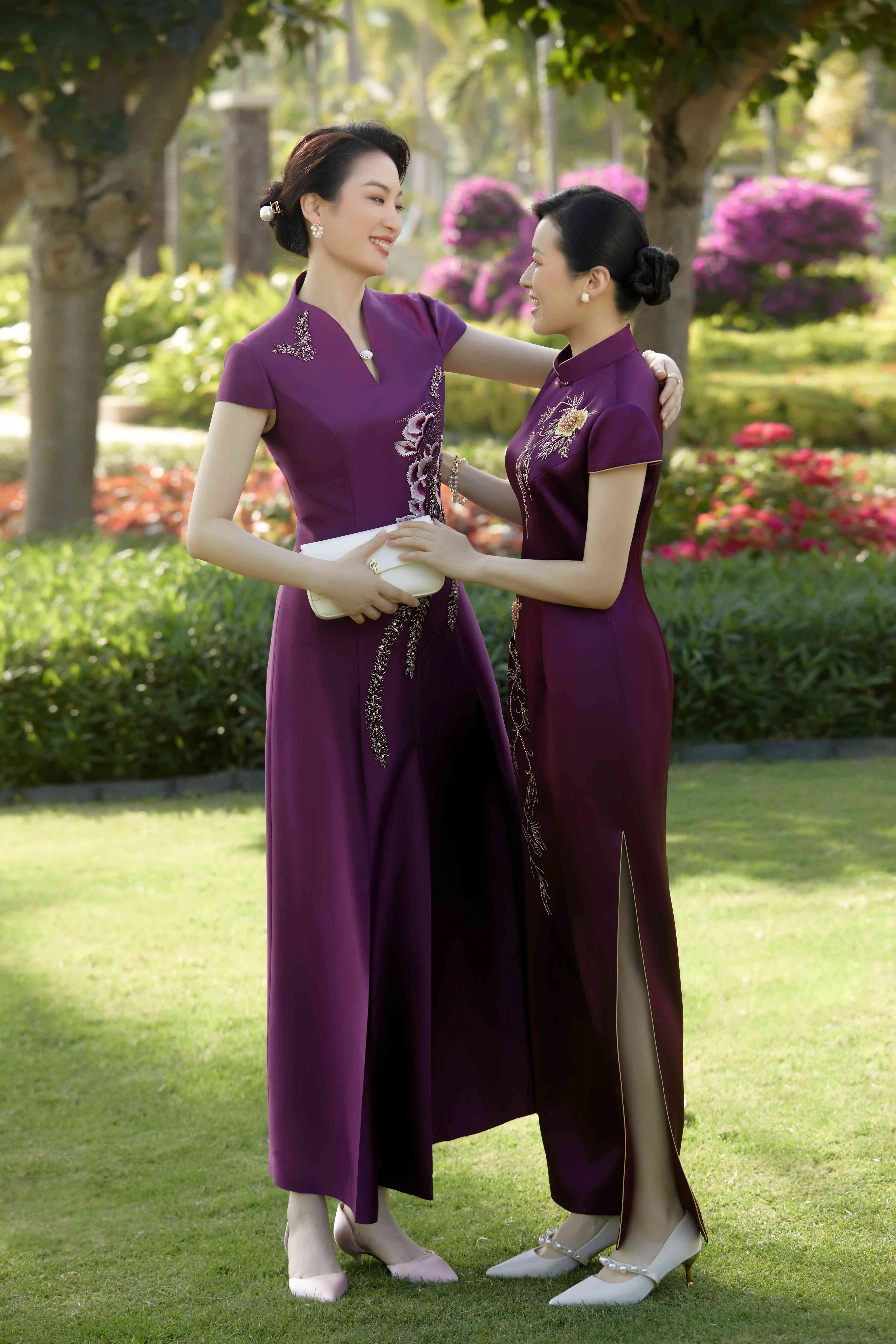 Cheongsam Good Quality New Chinese Year Print Toast Dress Evening Engagement Wear Dress V-Neck Qipao