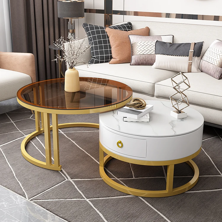 Wholesale Modern Luxury Round Glass Stone Metal Center Coffee Tables Coffee Table Sets With Drawer