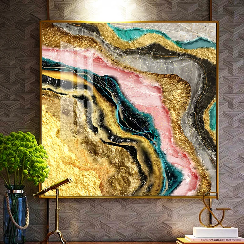 Abstract Gold Foil Oil Painting Canvas Wall Hanging Art Picture Gold Geode Epoxy Resin Glass Printing Crystal Porcelain Painting