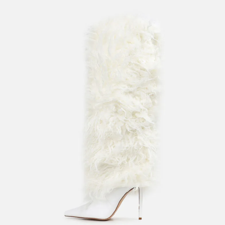 New White Faux Fur Fold Over Knee Boots Thin High heel Pointed Toe Womens Shoes