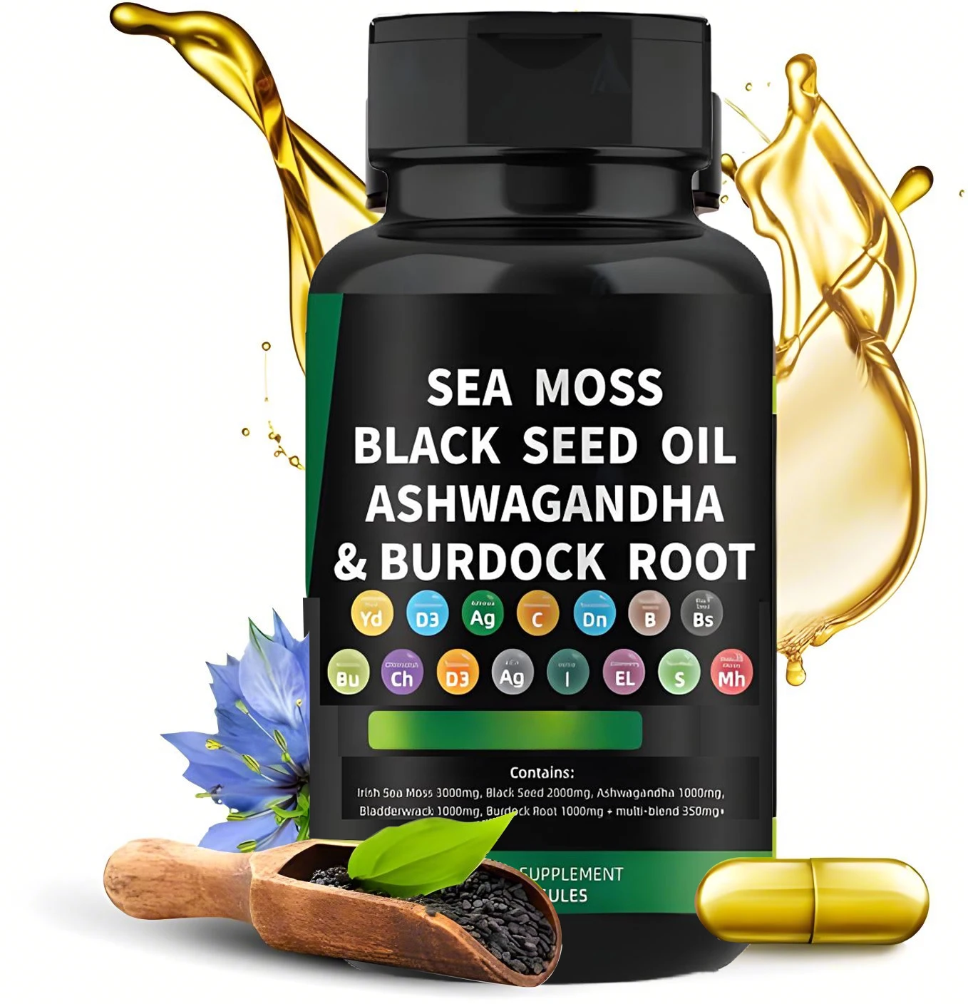 Immune Support Ashwagandha Extract Turmeric Bladderwrack Iodine Chlorophyll ACV Black Seed Oil Seaweed Burdock Capsules