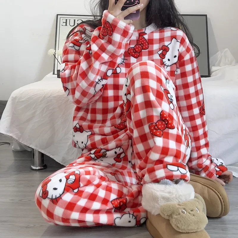 Kawaii Sanrios KT Coral Velvet Pajamas Girl Cartoon Autumn / Winter Season Warm Thickened Plush Home Clothes Set Gift