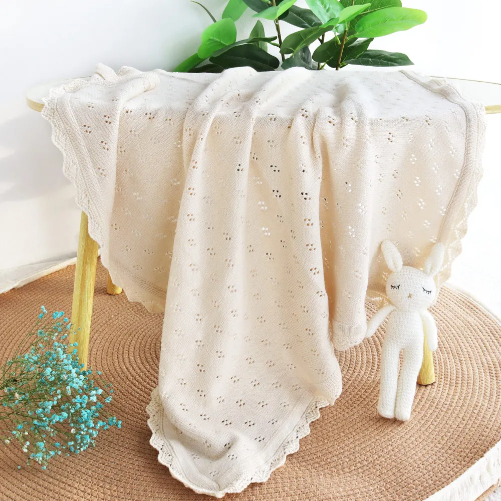 Reversible Crocheted Baby Knit Blanket Popular Breathable Vintage Swaddle Solid Color Holding Cotton Knitted Baby Blanket
