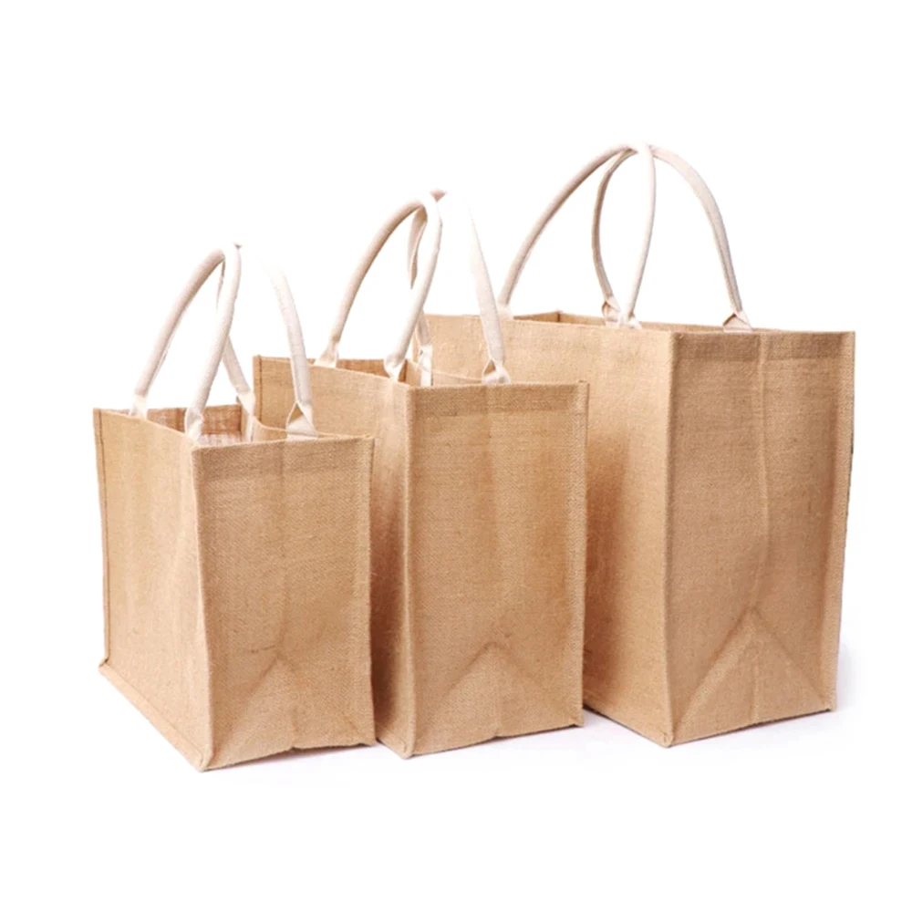 In Stock OEM Eco Friendly Blank Canvas Jute Burlap Pouch Tote Bags Soft Cotton Handles