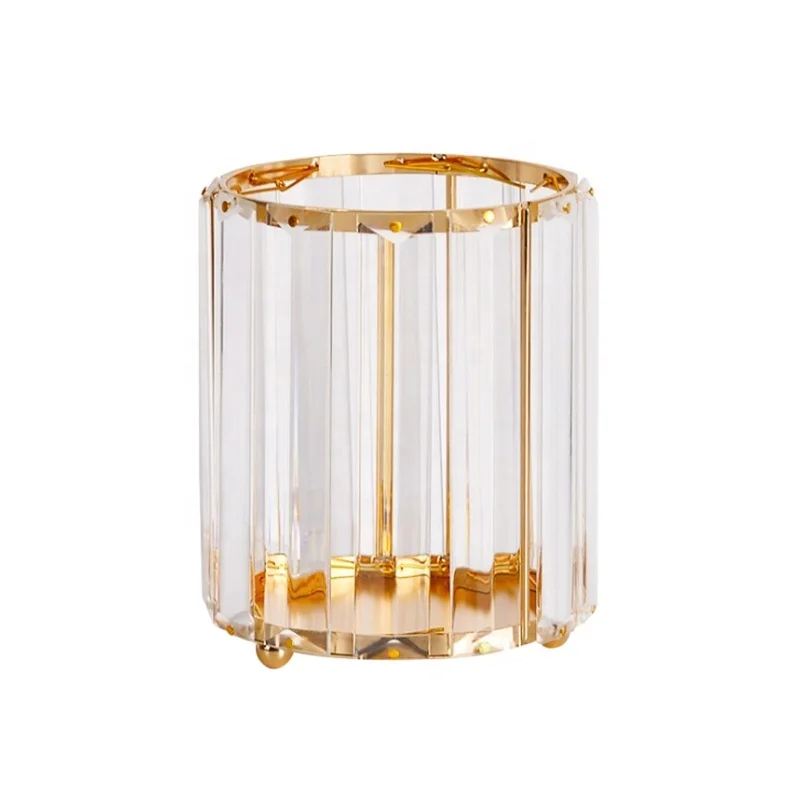 Оптовая продажа, роскошный хрустальный держатель для ручек, женские кисти для макияжа, стол для хранения, ведро, Европейский стиль, золотая коробка для кистей