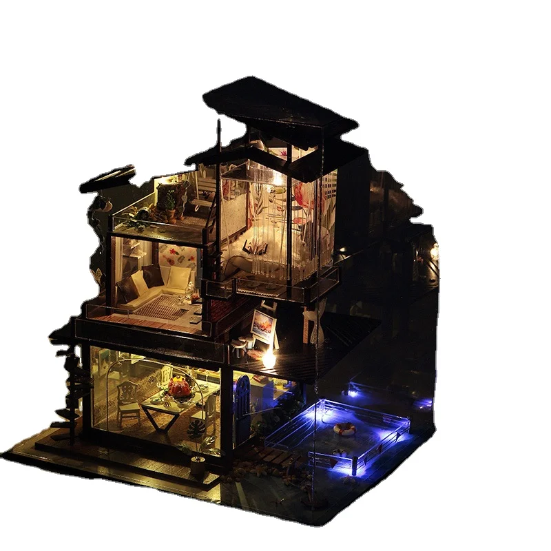 Wholesale DIY Wooden Doll House with Miniature Furniture Educational Toy Villa for Girls