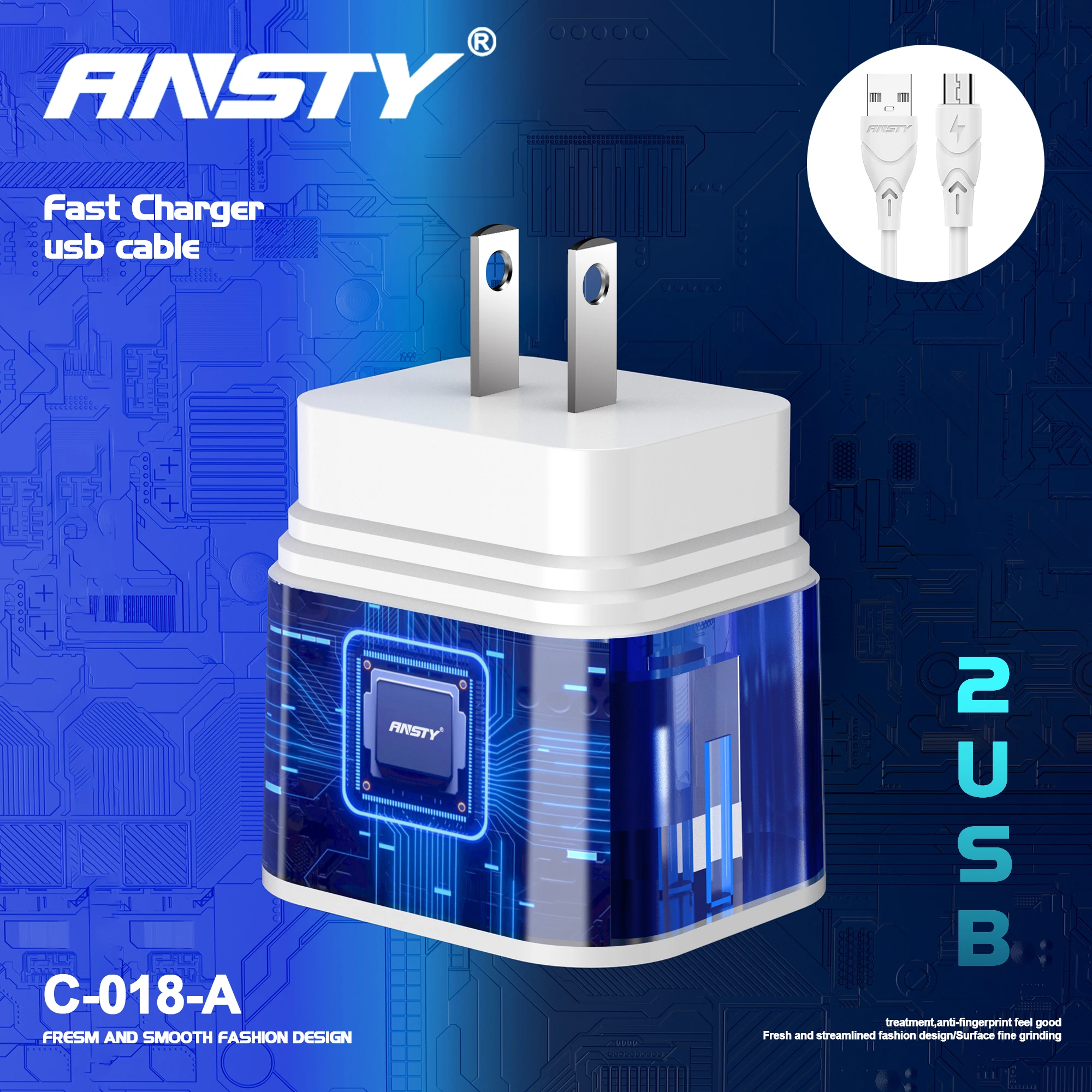 Ansty C-018 US LED Charger with 2USB 3.4A Stable Charging Strong PVC Cable Housing Compatible for iPhone and Android Tablets