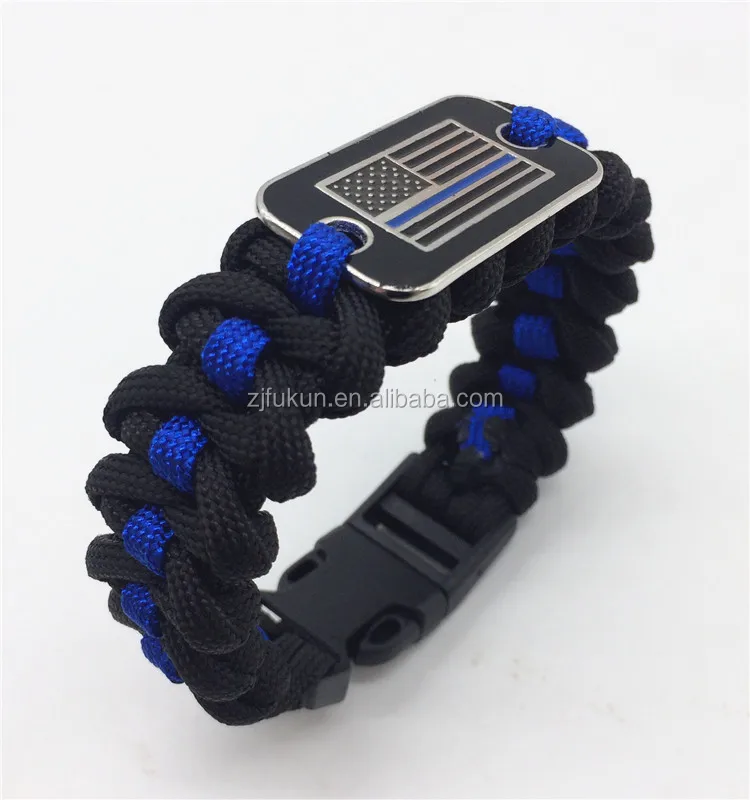 New design thin blue line survival paracord bracelet flag charm bracelet with adjustable buckle