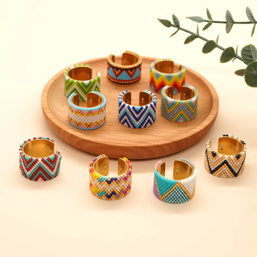 Summer Wholesale Bohemian Style Miyuki Antique Seed Bead Ring Jewelry Hand-woven Stainless Steel Ring For Women