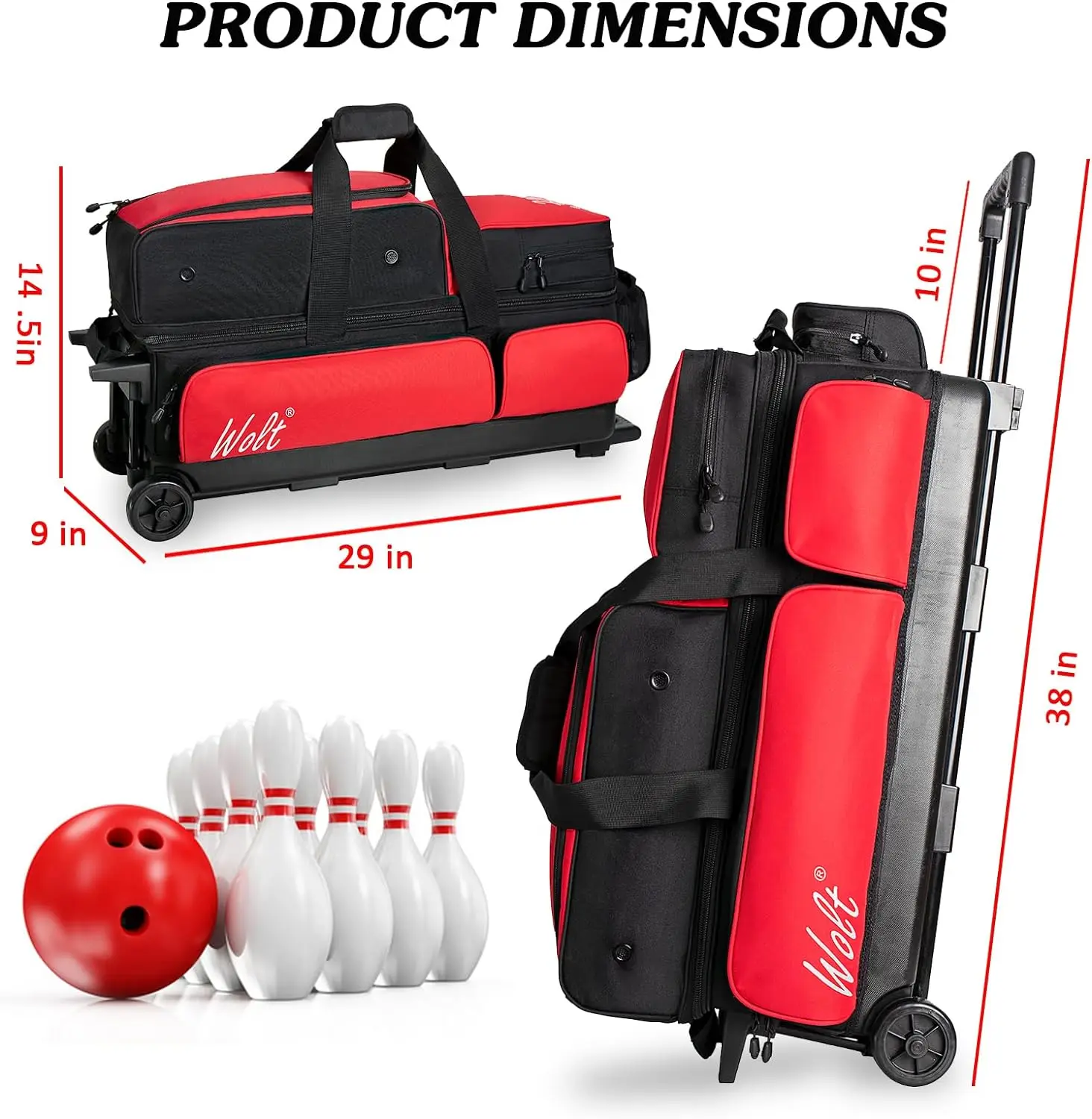 WOLT 3 Ball Bowling Bags with Wheels with Separate Shoe Compartment Ultra-large Capacity Accessory Pocket Retractable Handle