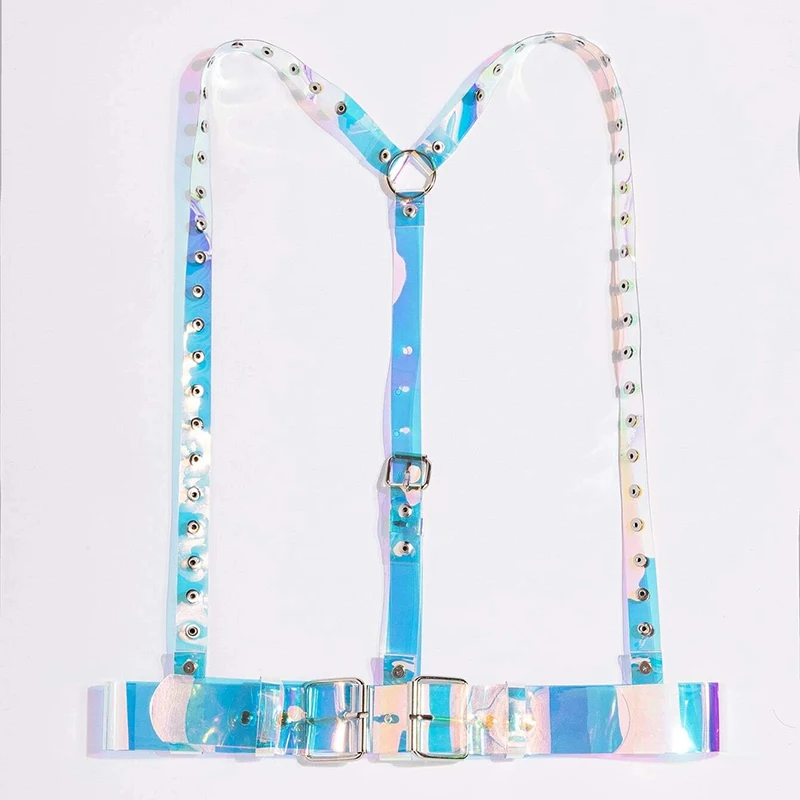 Women Laser Multicolor PVC Holographic Harness Belt Gothic Body Caged Iridescent Harness With Buckles
