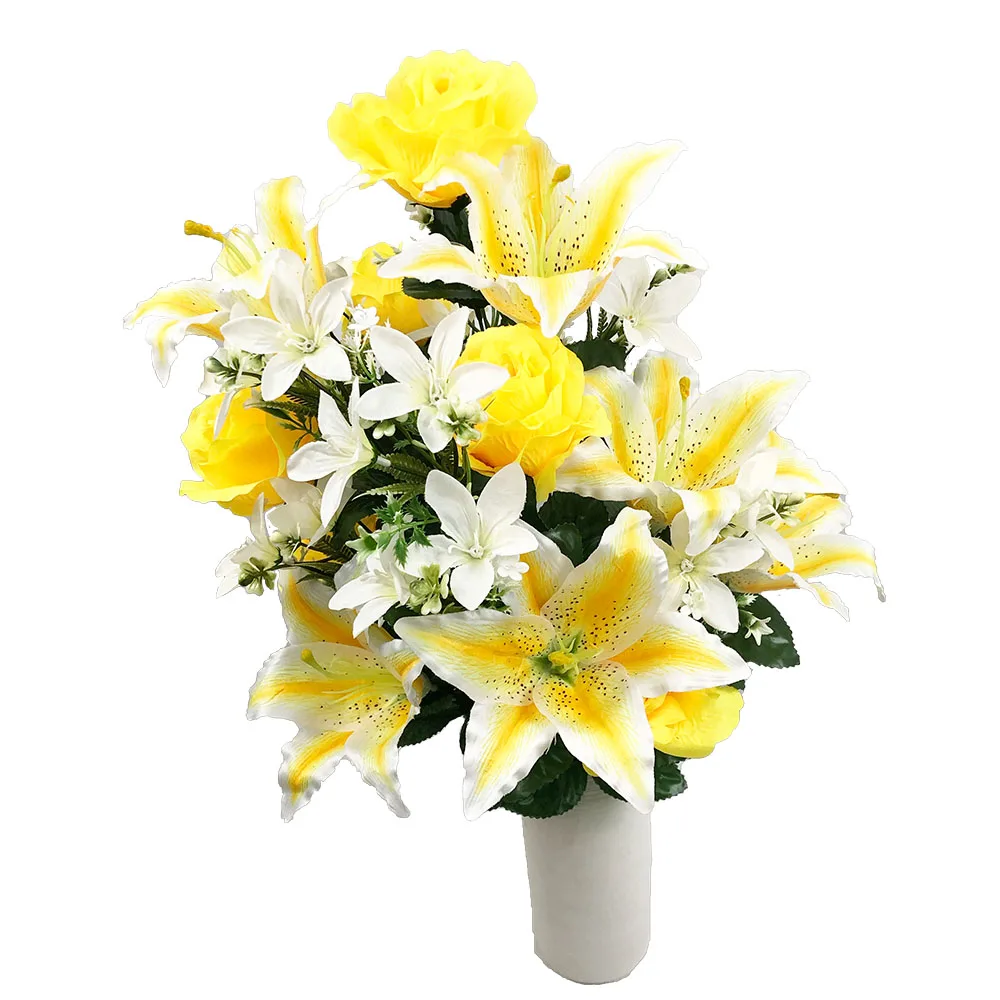 
faux simulation pink yellow white lily rose bouquet arrangement grave funeral cemetery artificial flower 