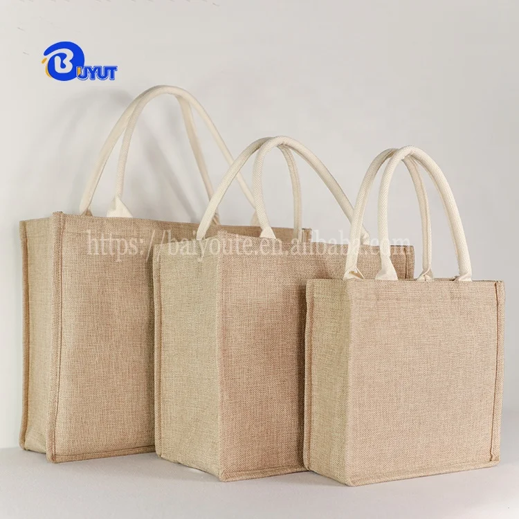 Sublimation logo Jute Foldable Reusable Tote Bag with Canvas Front Pocket Burlap Tote Bags with Handles blank Tote Bag