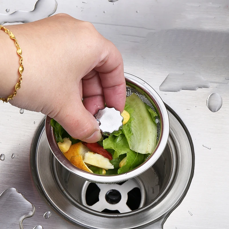 Multi function round bathroom vegetable food waste holder plug over wire mesh basket drain stainless steel kitchen sink strainer