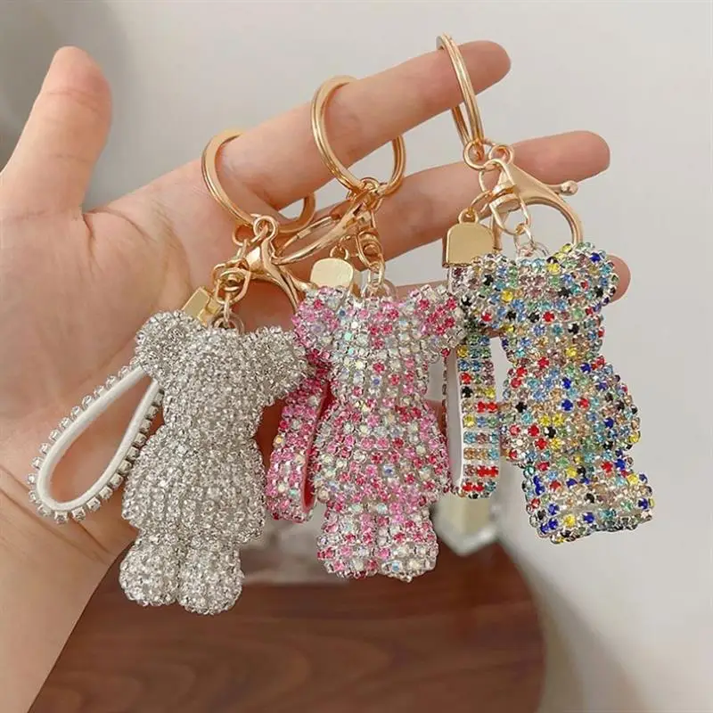 Wholesale Bling Teddy Bear Keychain Cute Key Chains Car Accessories Fashion Rhinestones Bea Keychains for Women Girls