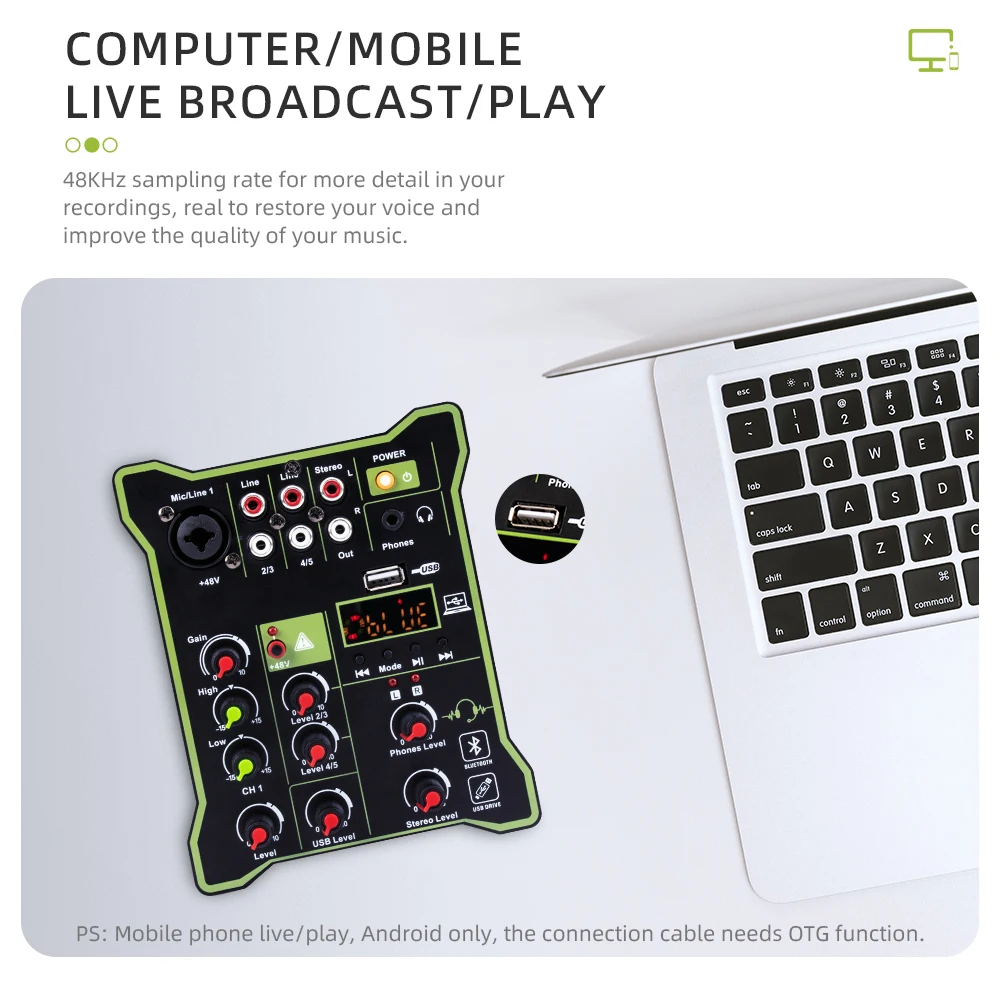 Professional 5 Channel Mixer USB Bluetooth Stage Computer Recording DJ Multi-function Audio Sound Card & Mixer