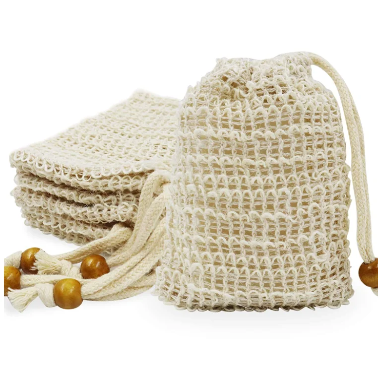 Eco Friendly Natural Cotton Sisal Hemp Biodegradable Loofah Soap Mesh Net Bag Hanging Bundle Soap Holder Shower Scrubber