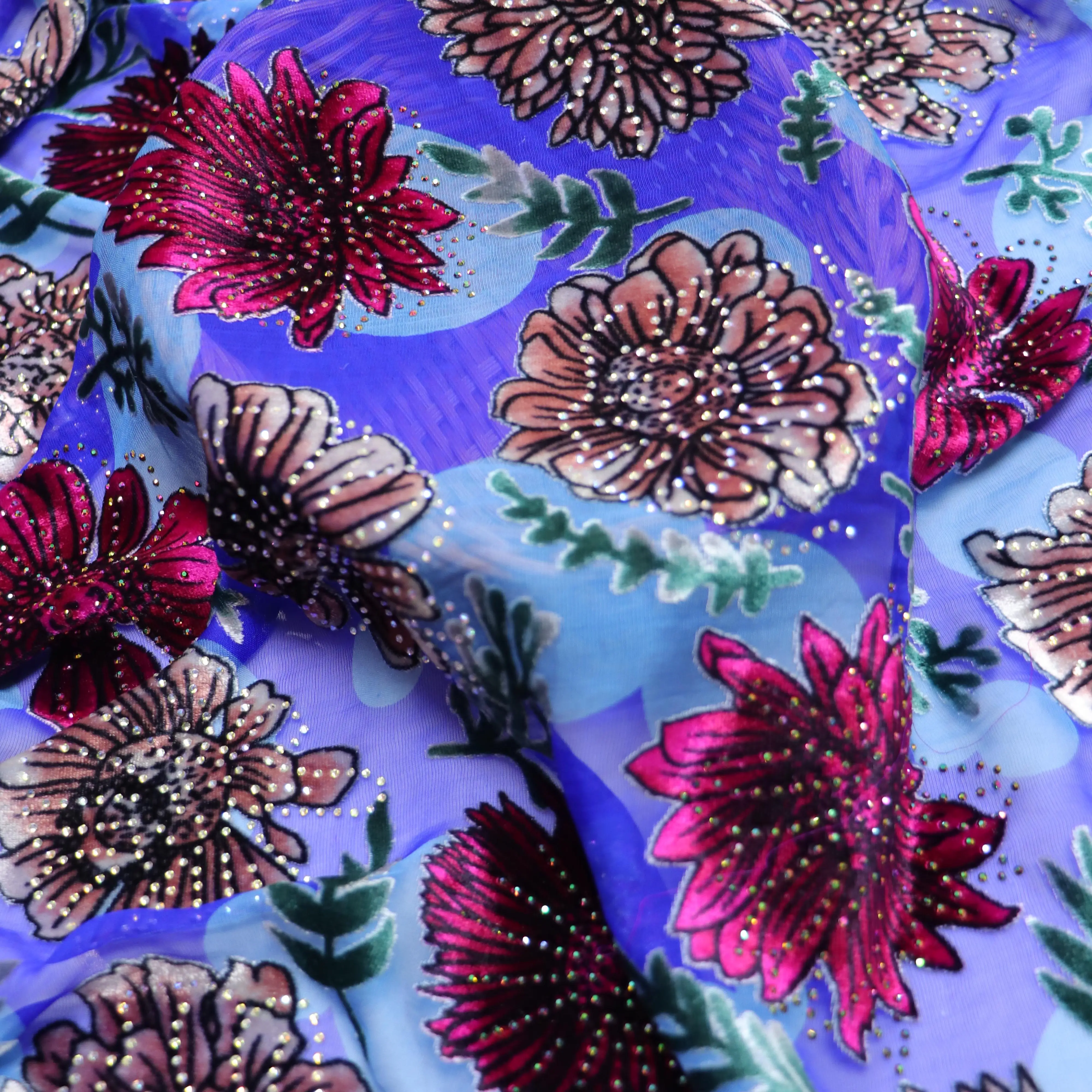 Soft Shiny  New Coming High Quality Diamond  Silk  Velvet Patch embroidery lace fabric for Luxury Lady Evening Clothes