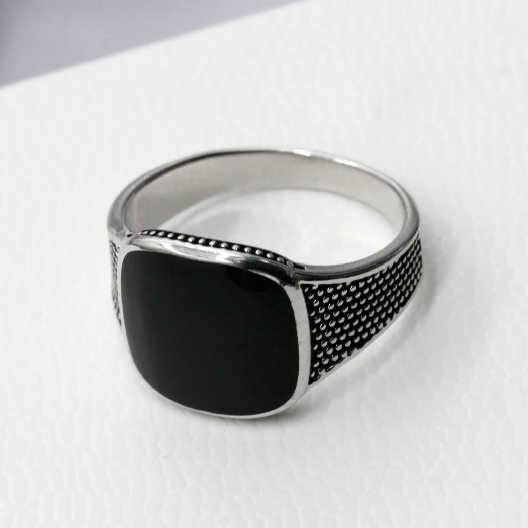 Custom 925 Sterling Silver Black Enamel Men Ring,Vintage Finger Ring for Man Women Wedding Engagement Jewelry