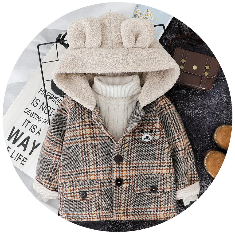 
Fashion toddler boy thick plaid winter outerwear baby coat with fleece hat 