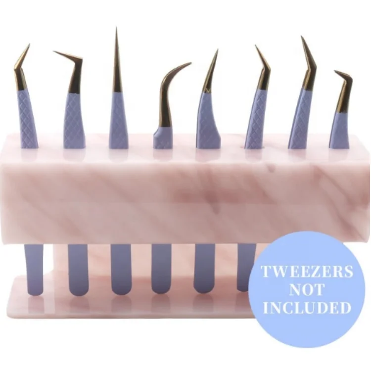 8 Holes Acrylic Pink Tweezers Holder Tweezers Holder Eyelash Extension Supplies Display Stand, 1 Pc (Pink Marble-8 Holes)