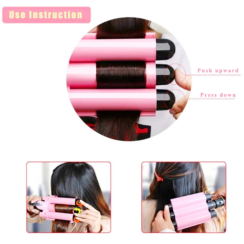 Home use private label three barrel ceramic Ionic big wave curler automatic LCD pink hair waver hair curler
