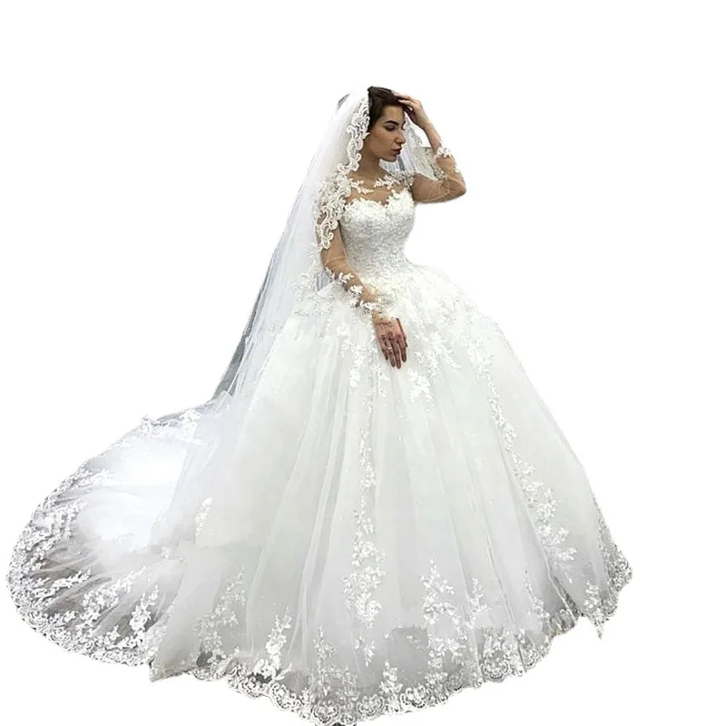 New Wedding Dresses Luxury Sexy Lace Long sleeves Long Train Wedding Dresses Bridal Gown