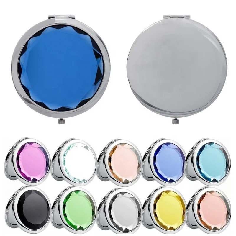 Metal Compact Mirror Wholesale Custom Jewelled Round Shape Double Sided Metal Crystal Folding Cosmetic Compact Pocket Mirror