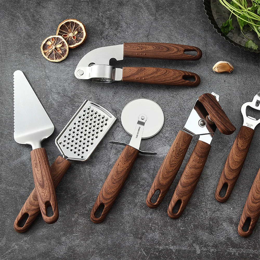 2021 Latest Stainless steel 7 Piece innovative List of Home and Kitchen Utensils Gadgets & Tools Set With Wood Grain Handle